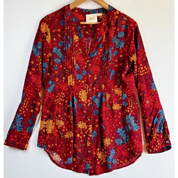 Maeve by Anthropologie Blouse Women's Medium Red Floral Button Front Long Sleeve - Picture 1 of 13